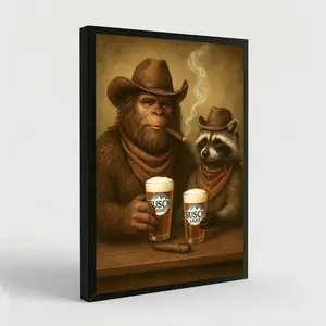 Bigfoot & Raccoon light one up and pop a brew print, Vintage Animal Poster, Funky Western Wall Art, Cabin Room Decor for Room Aesthetic Wall Art Poster