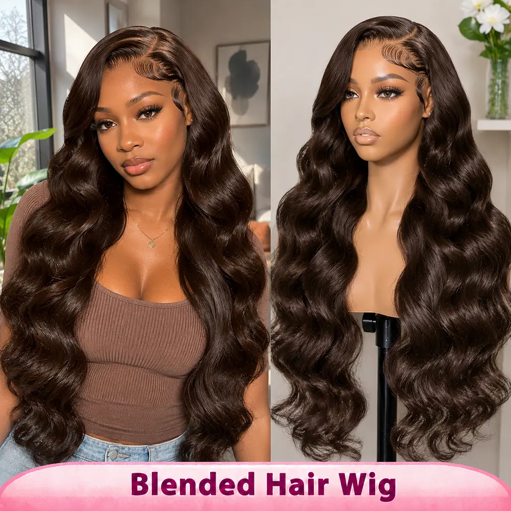 #4 Chocolate Brown Body Wave Lace Front Wig, Synthetic Human Hair Blend 13x4 HD Lace Frontal Wig for Women, 220% Density Pre Plucked with Baby Hair, part synthetic heat long wavy lace hairline wig straight bang curly free heat-resistant fiber