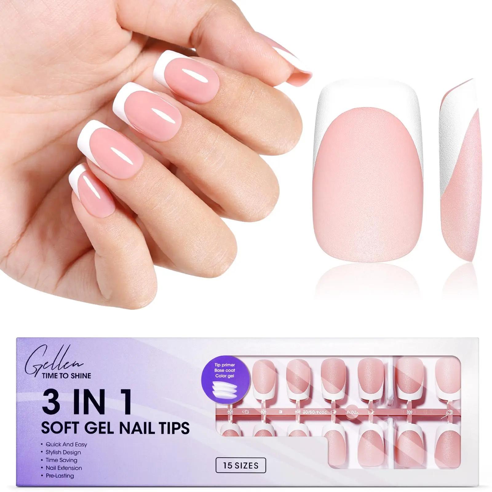 Gellen French Tip Press-On Fake Nails - Soft Medium Square, 150 Pcs, 15 Sizes, Classic Pink Salon Quality Reusable DIY Nails (No Glue Included), Nail Art Design
