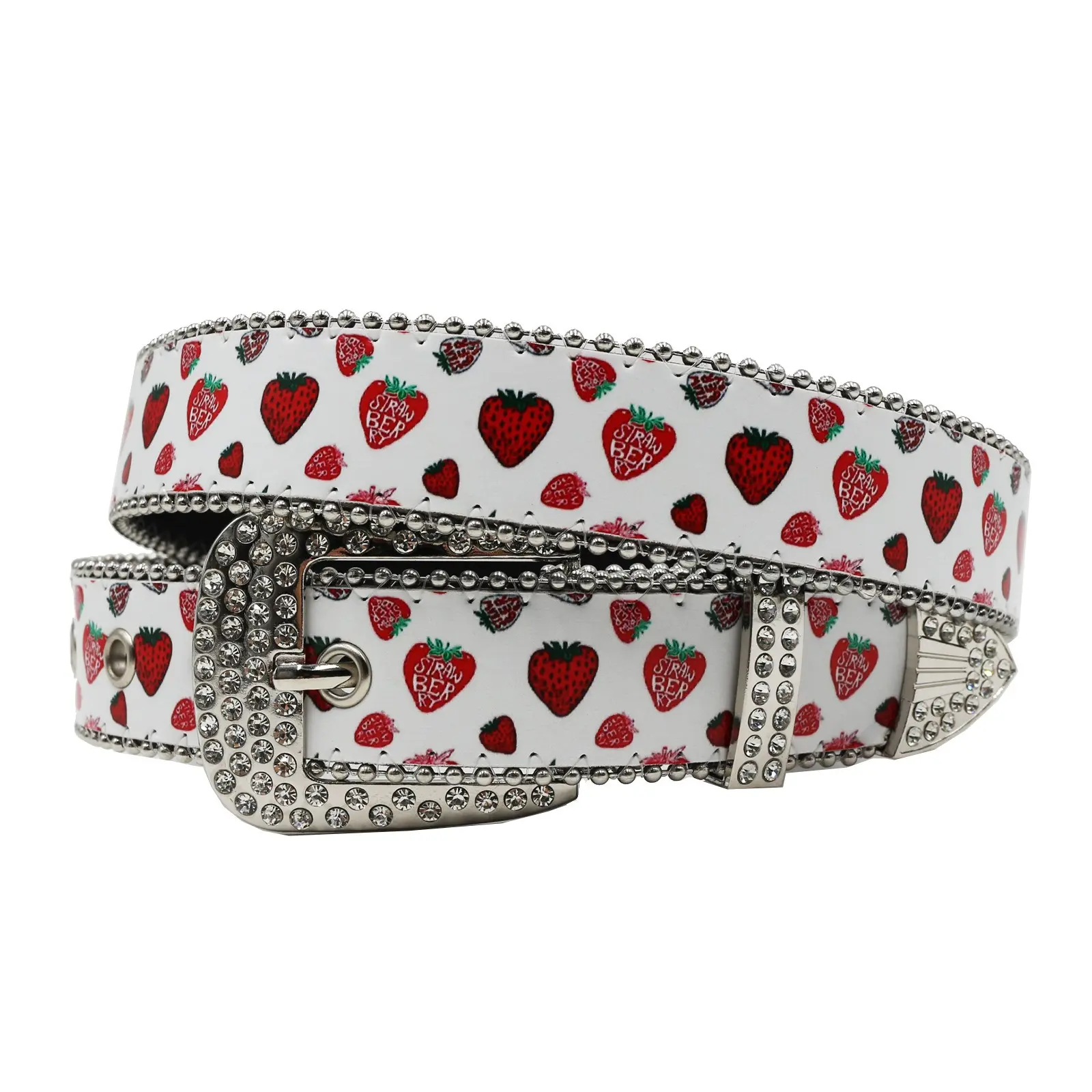 Cute Strawberry Print PU Leather Belt Rhinestone‑Encrusted Western Buckle Y2K Sweet Decor Waist Strap