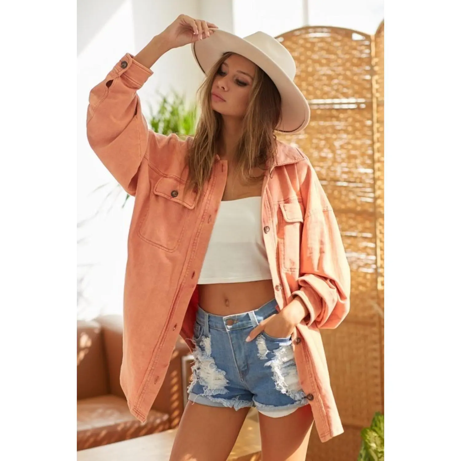 BiBi Washed Button Up Shacket with Chest Pockets