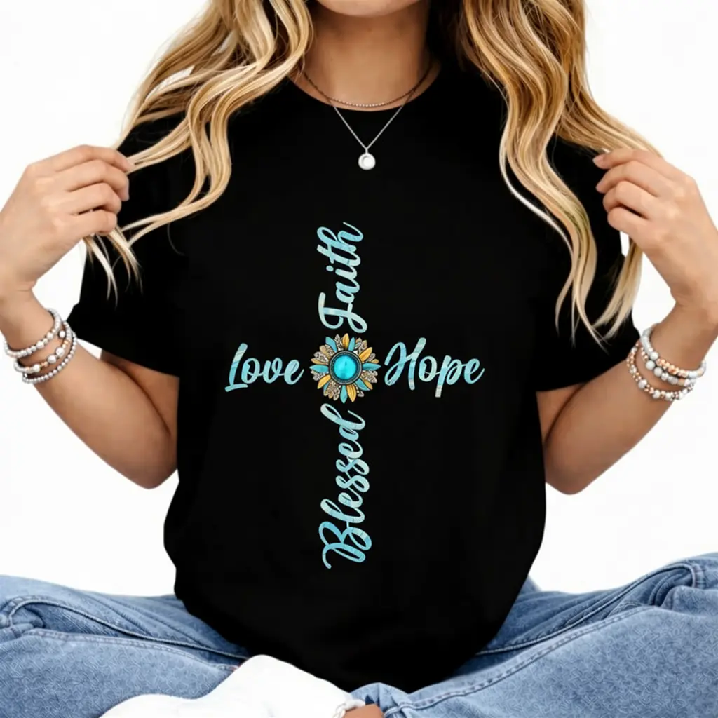 Women's Cotton Round Neck Short-Sleeve T-Shirt - Christian Digital Print Streetwear Clothes with Jesus, Faith, Hope, Love, Sunflower, Leopard Graphics, Fitted Casual Religious Summer Fabric Top