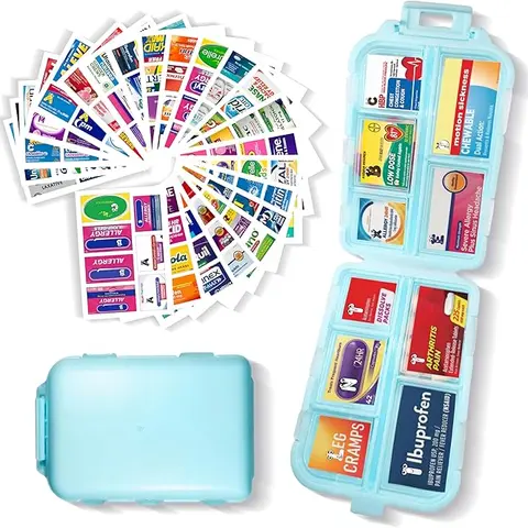 Pocket Pharmacy with Medicine Labels 146 Labels Travel Daily Pill Container Mini Medication Organizer Storage Pill Organizer Travel Essentials Pill Case 7 Day Pill Organizer Healthcare Aid