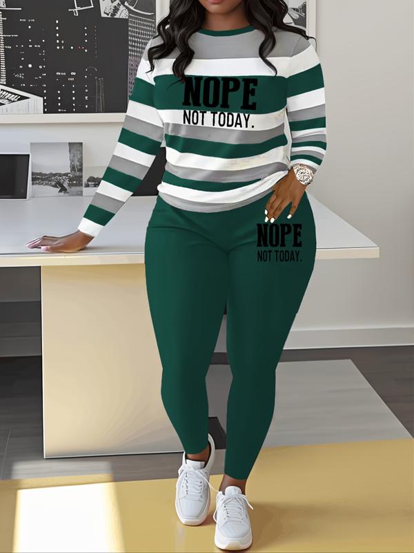 Two-piece Set Women's Striped and Letter Print Tee & Elastic Waist Pants, Casual Long Sleeve Top & Trousers for Spring & Fall, Women's Clothes for Daily Wear, Casual Outfits Women