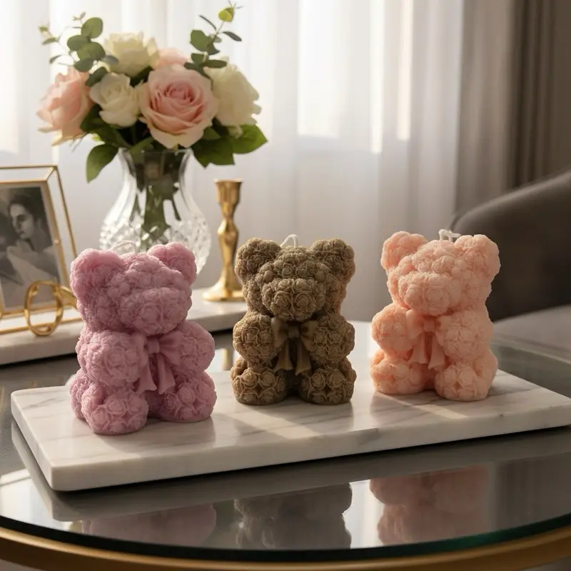Little Teddy with Bow 100% Pure Organic Beeswax Scented Candles in Pink, Brown and Other Colors for Home Decor Aroma Fragrance
