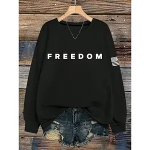 Women’s “Freedom” flag letter-print crewneck long-sleeve hoodie, comfortable sports fit, casual autumn/winter sweater