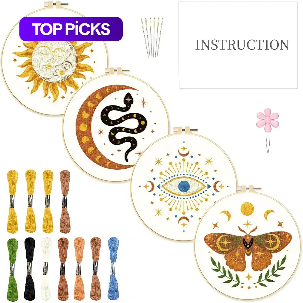 4-Piece Tarot Astrology Embroidery Craft Starter Kit, Beginner-Friendly Sewing Practice Set with Patterns and Instructions, Diy Craft Supplies, DIY Handmade Embroidery Design Kit #GLOBAL PICKS