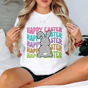 Unisex Easter Glitter T-Shirt with Bunny Design, Retro Leopard Print Sublimation Sweatshirt, Menswear Gift Top for Him