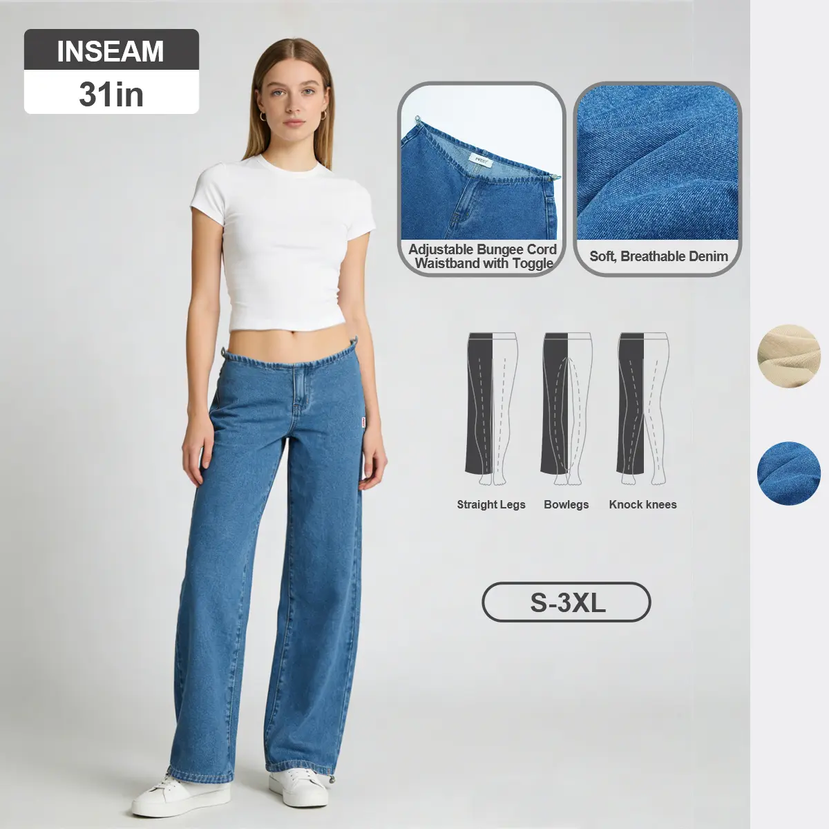 Pwest NYC Low-Rise Wide-Leg Jeans — Adjustable Drawstring Waistband/Hem, Relaxed Straight Cut, Soft Daily Wear-Spring Summer Bottom Trouser