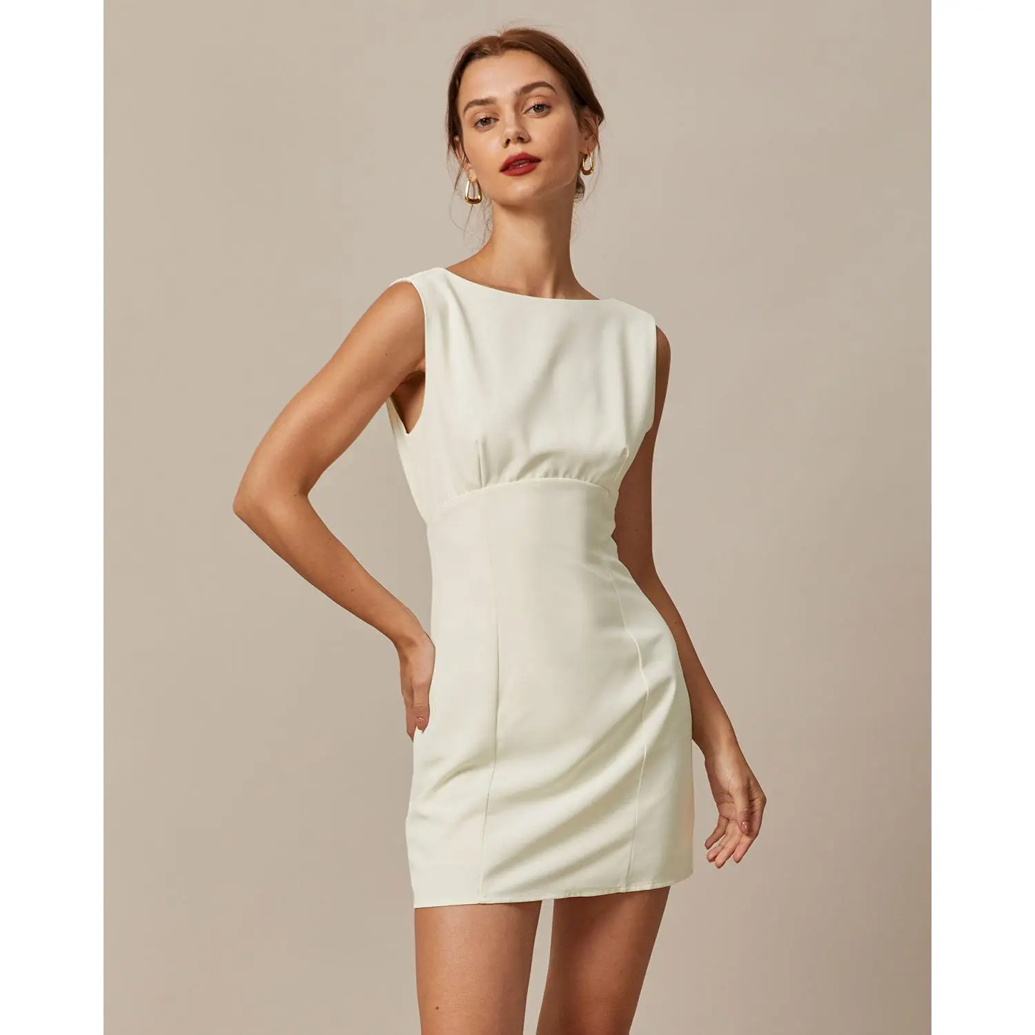 RIHOAS Women's Polyester Casual Mini Dress - Sleeveless Boat Neck, Elegant Slim Fit, Waist Accent, Back Bowknot Cutout, All Season, Cold Wash Friendly, Short Length, Solid, Back Bow Detail, Stain‑Resist Fabric