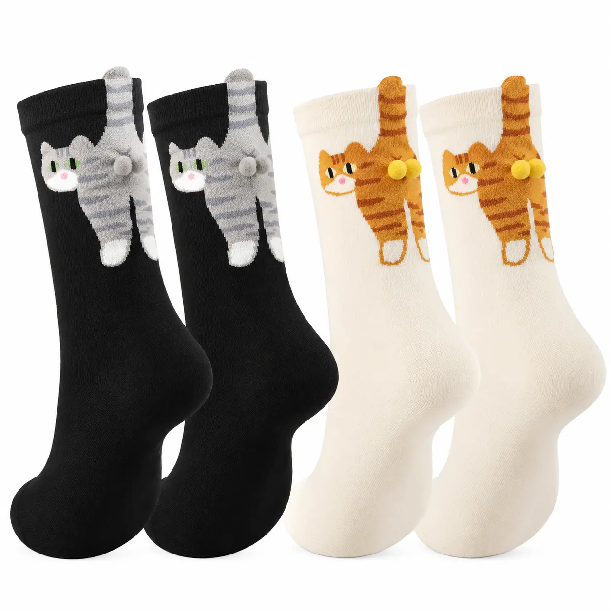 Diuhabo 2/4/6 Pairs Funny 3D Cat Butt Socks with Fuzzy Balls, Hilarious Gag Gift Crew Socks for Cat Lovers