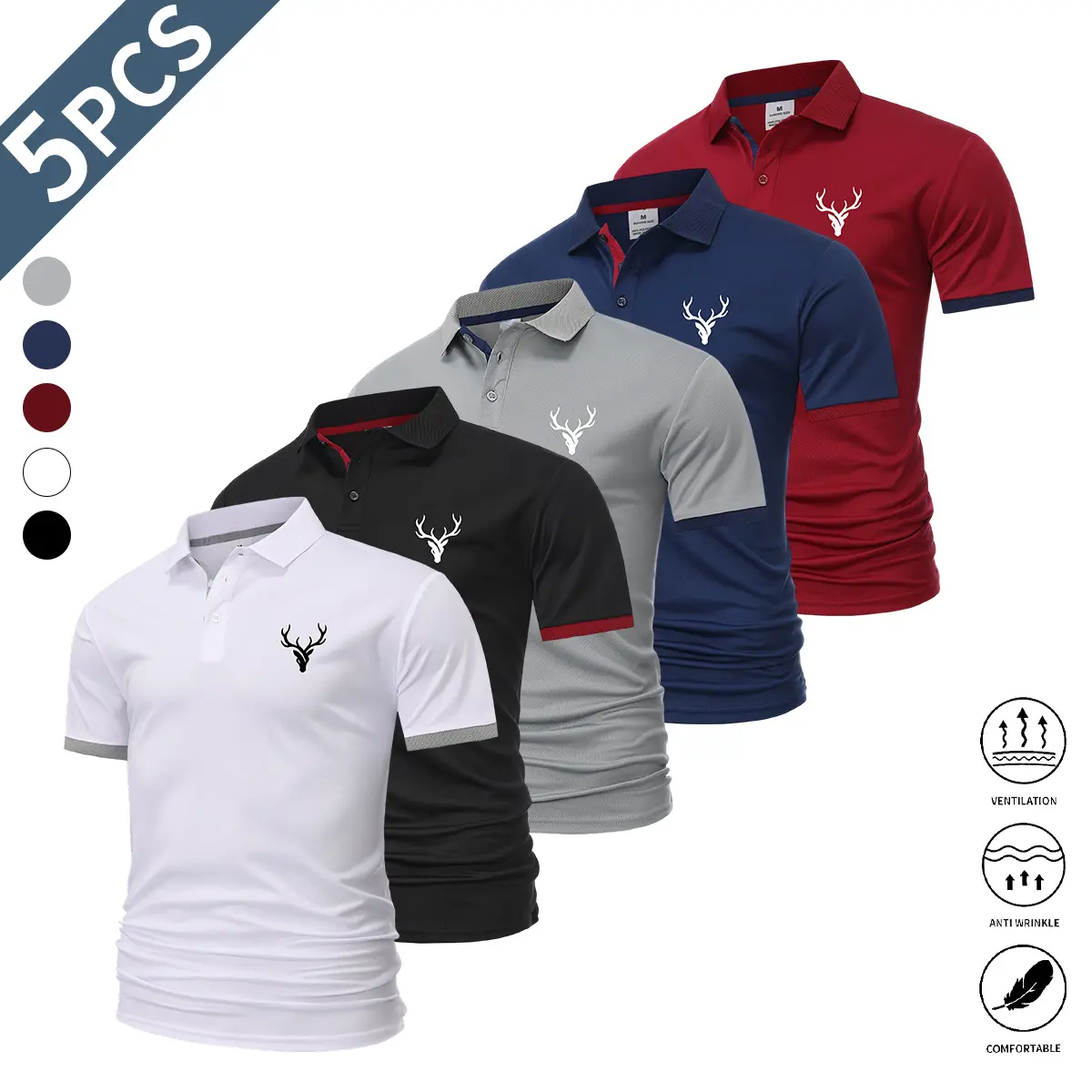 Set of 5 men’s summer short-sleeve shirts, classic solid colors, versatile and stylish; men’s golf shirts, sporty casual shirts, suitable for weekend outings