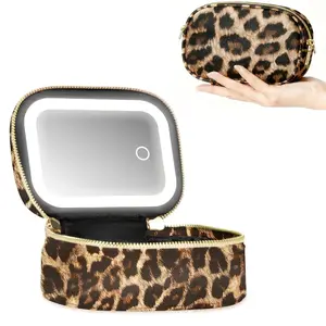 Leopard Print Mini Travel Makeup Bag with LED Light Mirror, 500mah Rechargeable Touch Dimmable Beauty Storage Pouch for Travel, Travel Cosmetic Bag