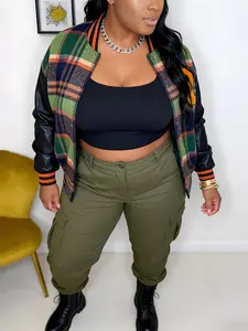 Loose Casual Plus Size Jacket, Outerwear, Multi-Style Patchwork Design, Button Front, Long Sleeve, Spring & Fall Fashion, Comfortable Fit