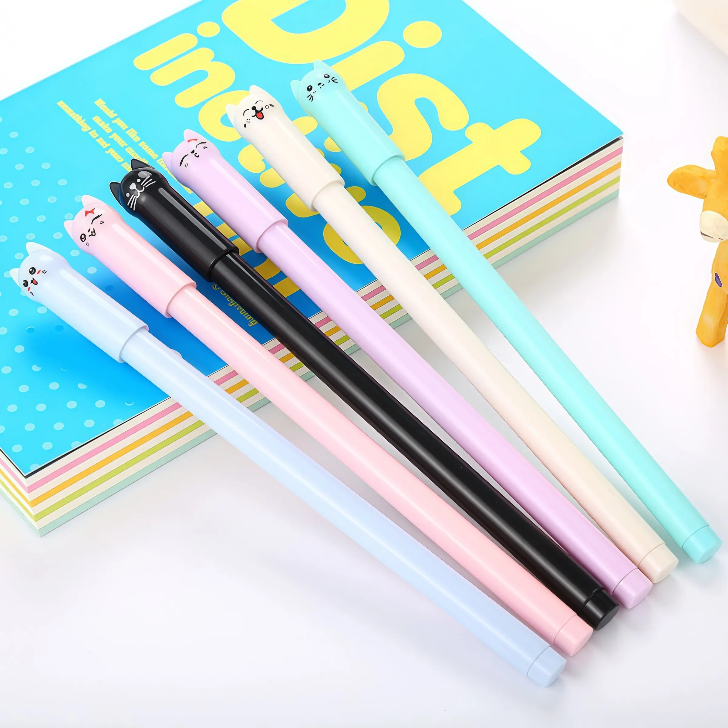 Creative Cartoon Cat Pen Cap Neutral Pen, 0.5mm Lead, Office Supplies, Work and Study Click Pens, Multiple Colors Available