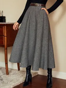 Autumn Winter Elegant Formal Long Skirt with Belt, Fitted Woven Fabric, Plain Pattern, Perfect for Daily Commuting Women's Skirt