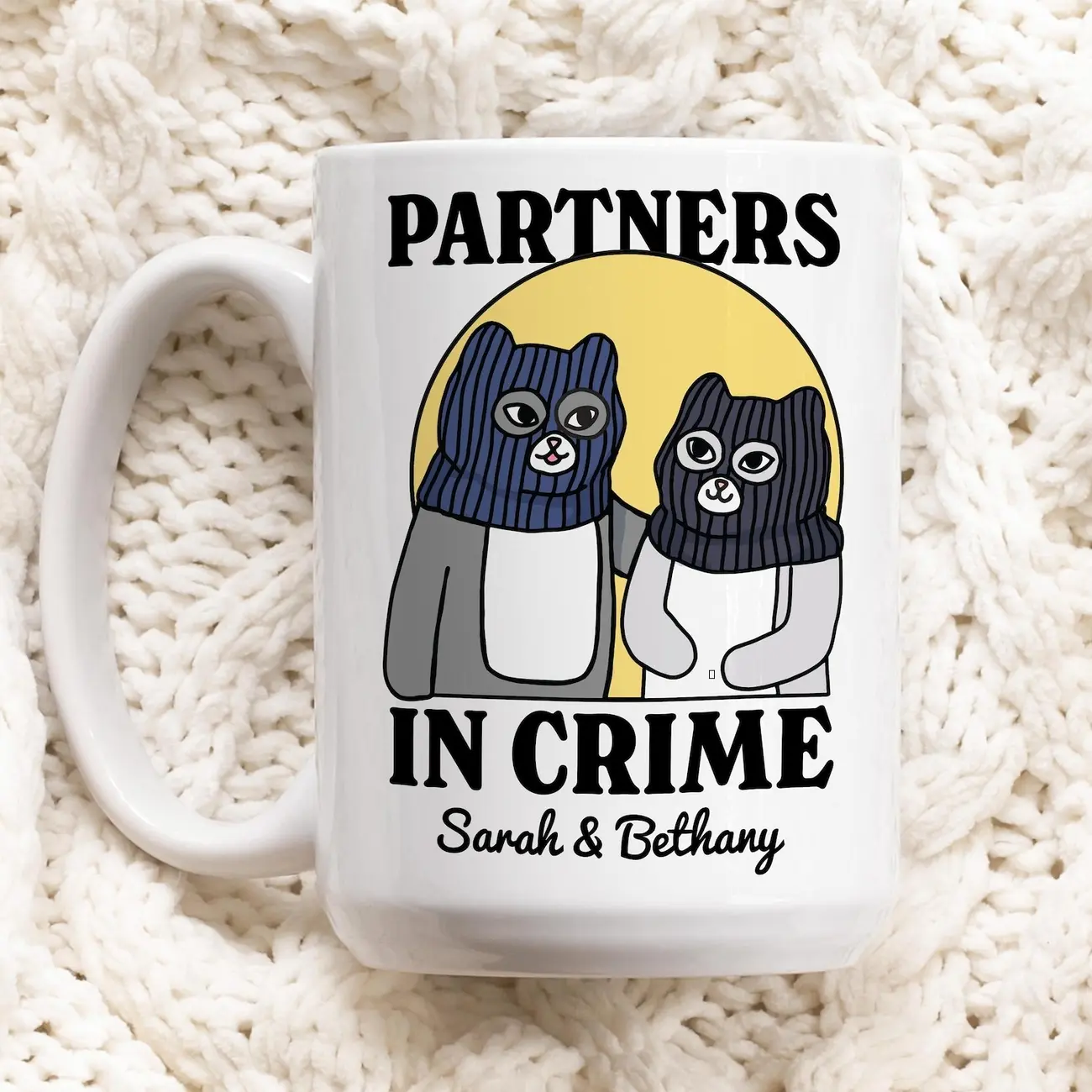 Custom Partners in Crime Mug, Bestie Ceramic Cup Personalized, Best Friend Colleage Cat Friendship mug, Birthday present, Christmas Gift, DNU