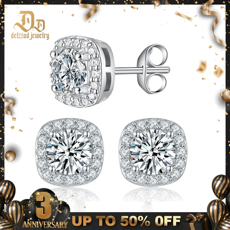 Delzzad S925 Halo Square Lab-Created Moissanite Stud Earring Moissanite Jewelry Perfect Birthday Mother’s Day Unisex Christmas Gift for Men Women Wedding Set