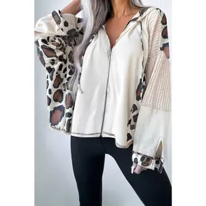 Apricot Oversized Leopard Contrast Mixed Texture Patchwork Zip Up Drop Shoulder Hoodie