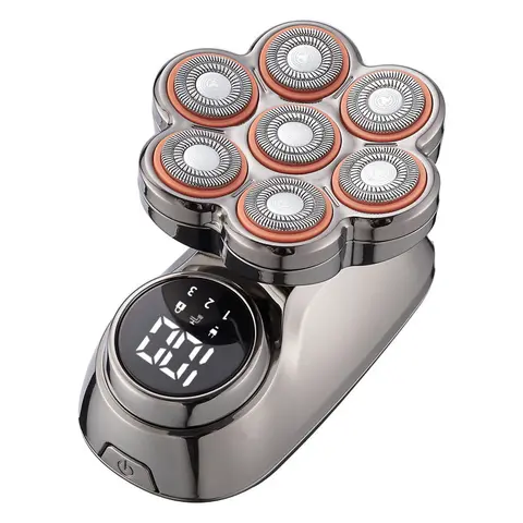 7D LED Display Cordless Portable Electric Head Shaver for Bald Men (Gold) - 7D Scalp Follow, Multi-Blade, Removable Head, IPX7 Waterproof, Wet-Dry Use, Type-C Charge, Pain-Free Flawless Shaving Kit, Rechargeable Battery, 120 Minutes Runtime