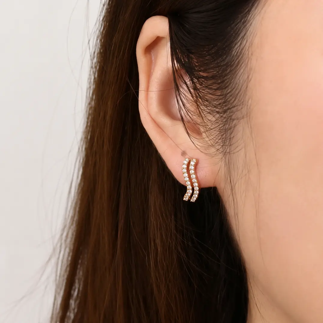 Emma's Heart | Architectural Void - 18K Gold Plated Double-Row Hollow Cuff Earrings with Shimmering Crystals