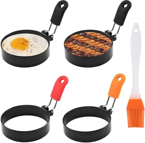 4 Pack Nonstick Egg Rings (3.5 Inch) with Oil Brush, Stainless Steel Pancake & Crumpet Ring Molds for Breakfast, Burgers & Griddle Cooking