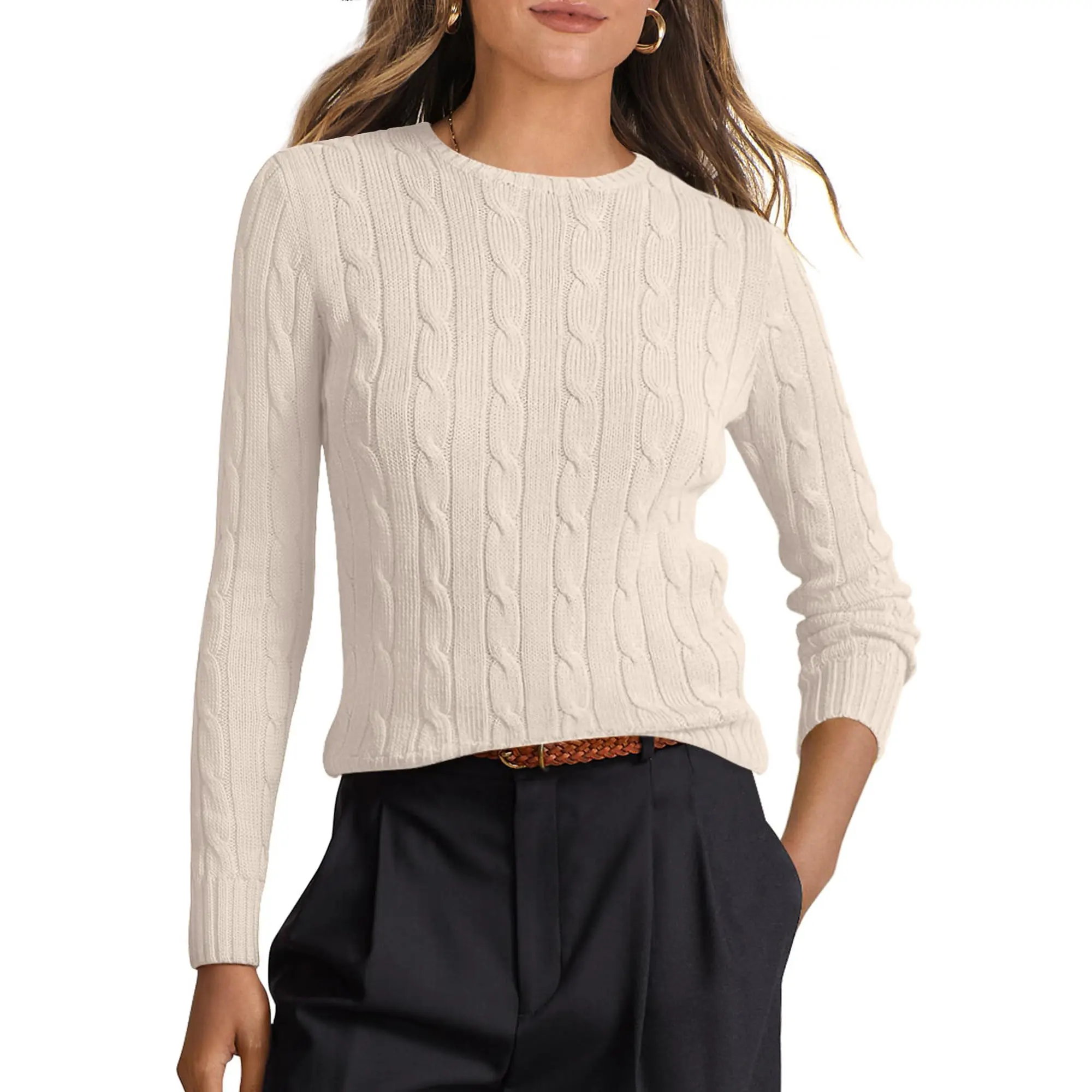 ANRABESS Women Long Sleeve Crewneck Cable Knit Sweater Jumper Pullover Top Cute Ladies Dressy Casual 2026 Fall Trendy Outfits