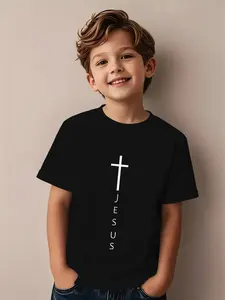 Boys' Jesus Cross & Name Print T-Shirt - Soft Breathable Christian Kids Church Outfit, Short Sleeve Religious Tee with Jesus Lettering & Cross Design for Boys 5-14 Years, Durable Machine Washable Summer Church Wear