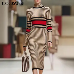 UOOZEE Women's Turtleneck Long-Sleeve Colorblock Knitting Casual Dress - Thick, Comfortable Striped Skinny Bodycon Midi for Autumn Winter Elegant Outfits