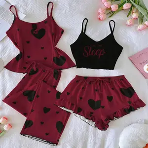 4-Piece Heart Print Lounge Set | Cami & Pants Pajama Set | MayneAttraction