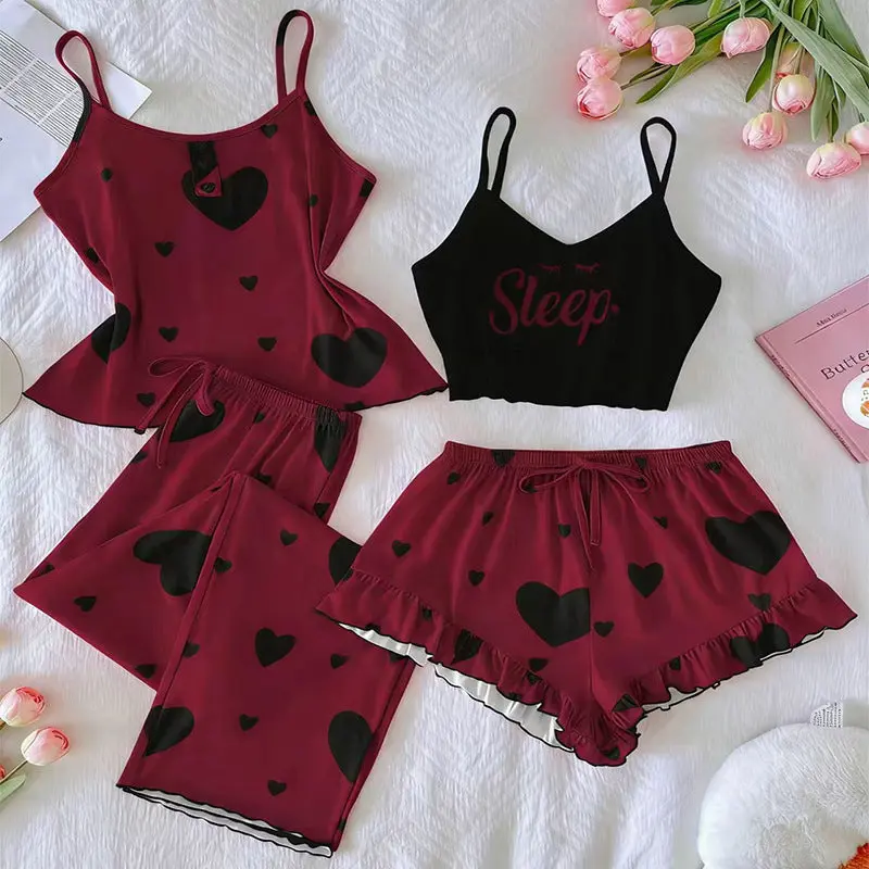 4-Piece Heart Print Lounge Set | Cami & Pants Pajama Set | MayneAttraction