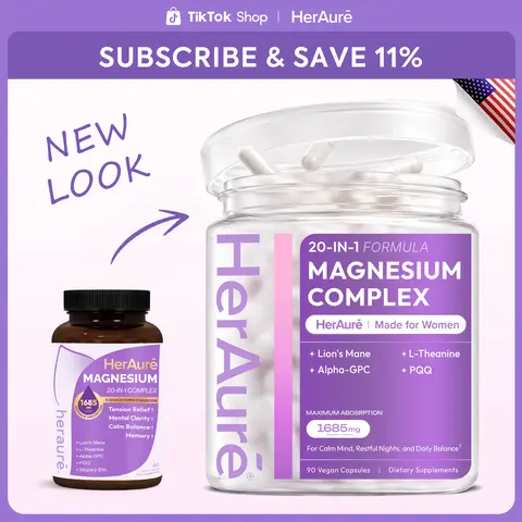 HerAuré 20-in-1 Magnesium Complex 1685mg - Calm Mind & Brain Fog Support, Stress & Sleep Comfort, Digestion, Muscle & Energy Support, 12 Forms of Magnesium with B6, Zinc & Slippery Elm, HealthyLiving
