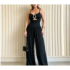 Women's Cut-out Cami Jumpsuit Adjustable Shoulder Straps with Pockets Backless Tie-Back Ruched High Waist Romper