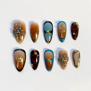 Fall Nails/Amber Flower Press on nails long almond nails/3D Gold Chrome Nails/Star Nails/Brown Nails/Tortoise Shell nails/Blue nails Brown JJPKYC