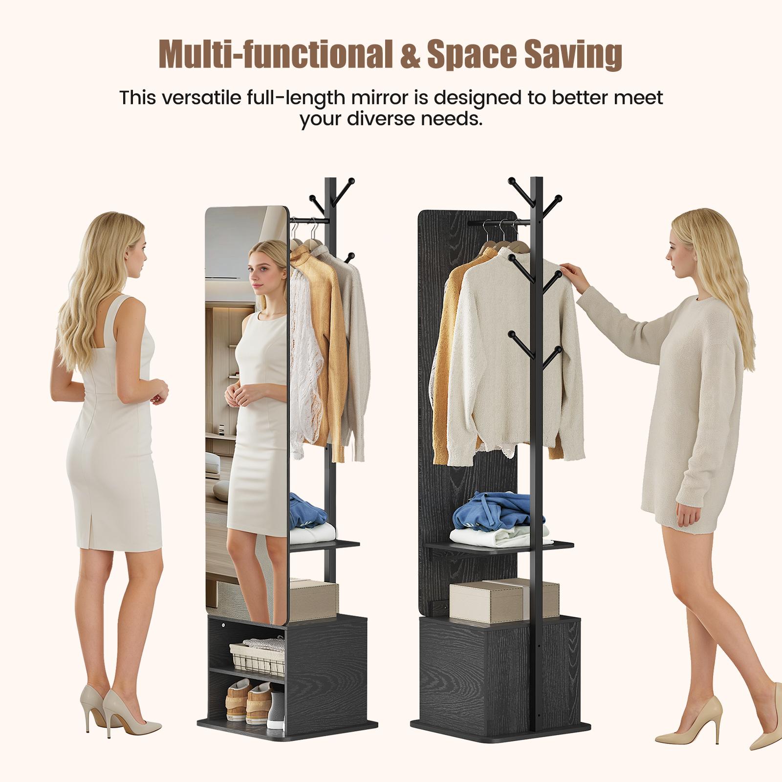 Flycity Solid wood material large mirror with a closet, full-size mirror, full-length mirror with storage rack at the bedside or in the living room (black and white styles can be rotated) Organization Furniture