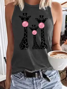 Women's Giraffe Pattern Animal Print Sleeveless Vest, Casual Elastic Round Neck Fit Top, Breathable Fabric, Summer Fashion