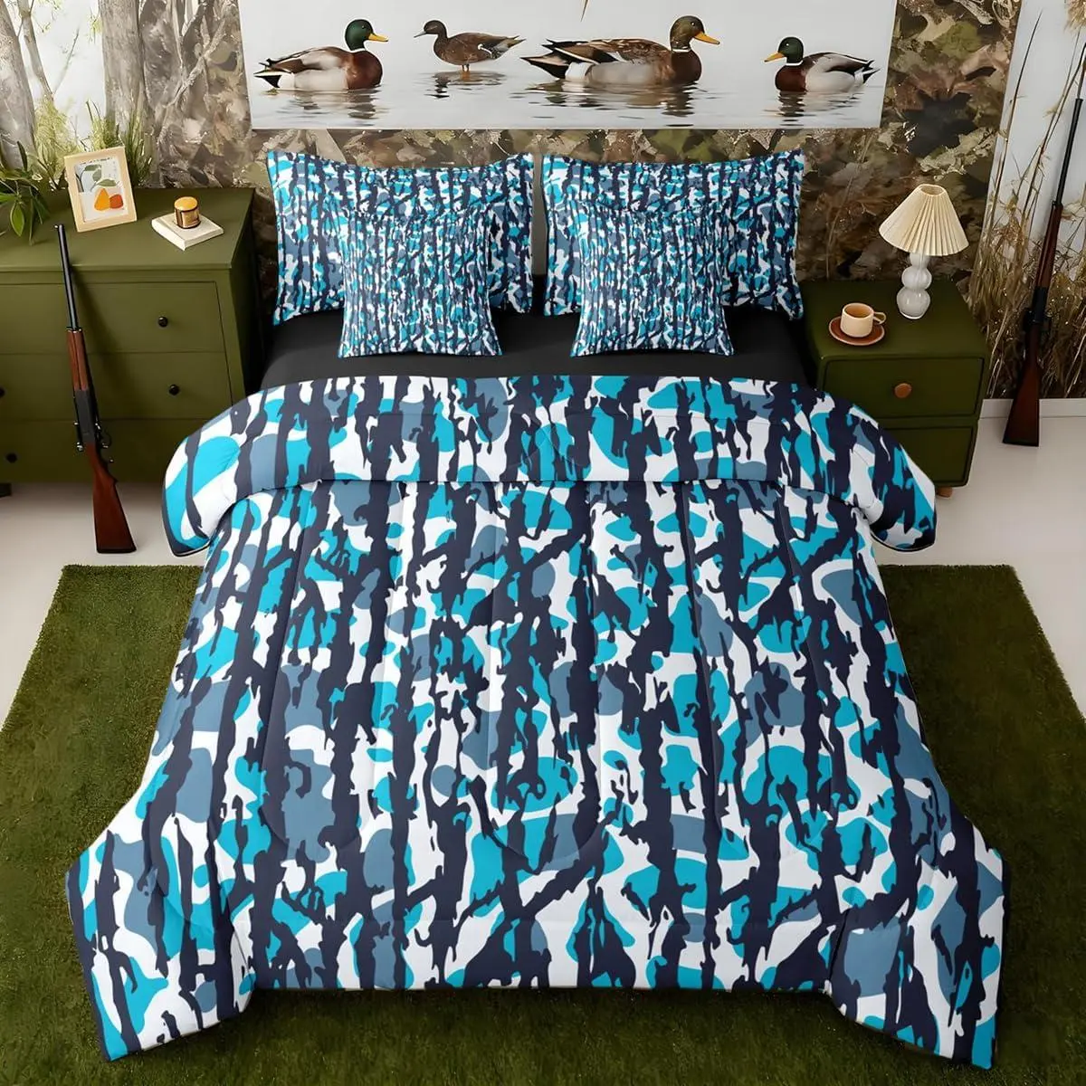 Camouflage Bed in a Bag with Comforter,Sheets,Pillowcases & Cushion Cover Boys Girls Camo Hunting 7 Piece Bedding Set Women Men Ultra Military Style Comforter Set with Sheets Blue White Black
