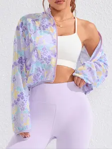 Women's Floral Print Zip Up Sports Jacket, Casual Athletic Jacket, Casual Fashionable Jacket, Long Sleeve Collared Outerwear for Gym Workout Running, Ladies Sportswear for All Seasons, Womenswear, Coats, Casual Chic Outerwear