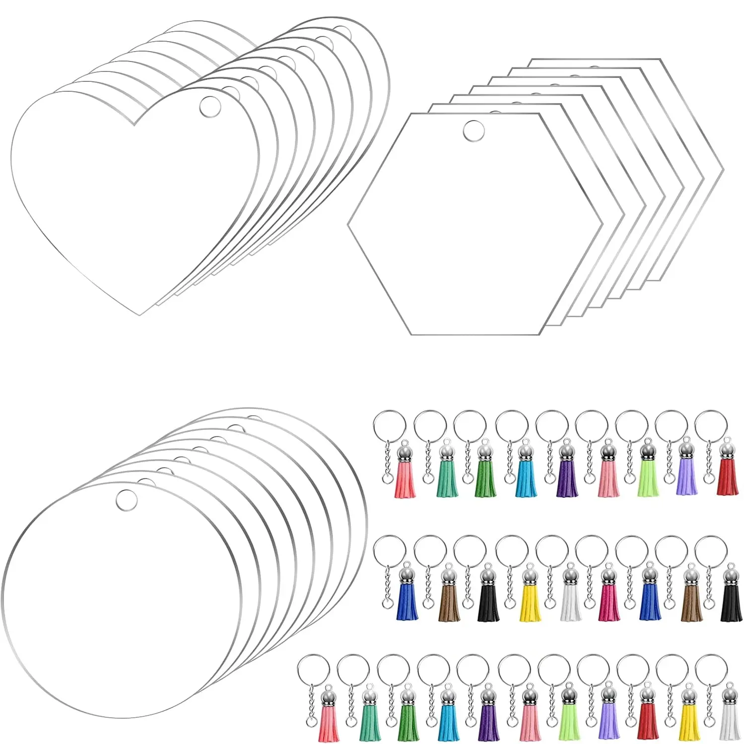 Acrylic Blanks Keychains for Ornament, 120 PCS Acrylic Keychains Set 30 PCS Clear Blanks, Tassels, Key Chain, Jump Rings for Vinyl Crafting DIY Holiday Decoration (Hexagon, Circle, Heart Shape)