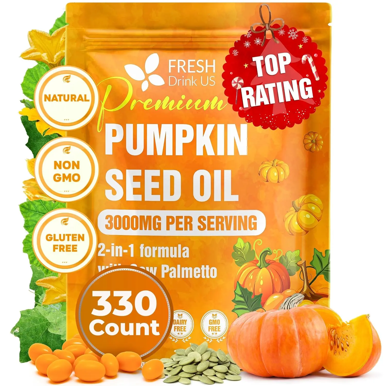 330 Premium Pumpkin Seed Oil Softgels with Saw Palmetto, 3000mg Per Serving, Cold Pressed, Pure Virgin Oil, Great Hair Support, Non-GMO, Gluten-Free.