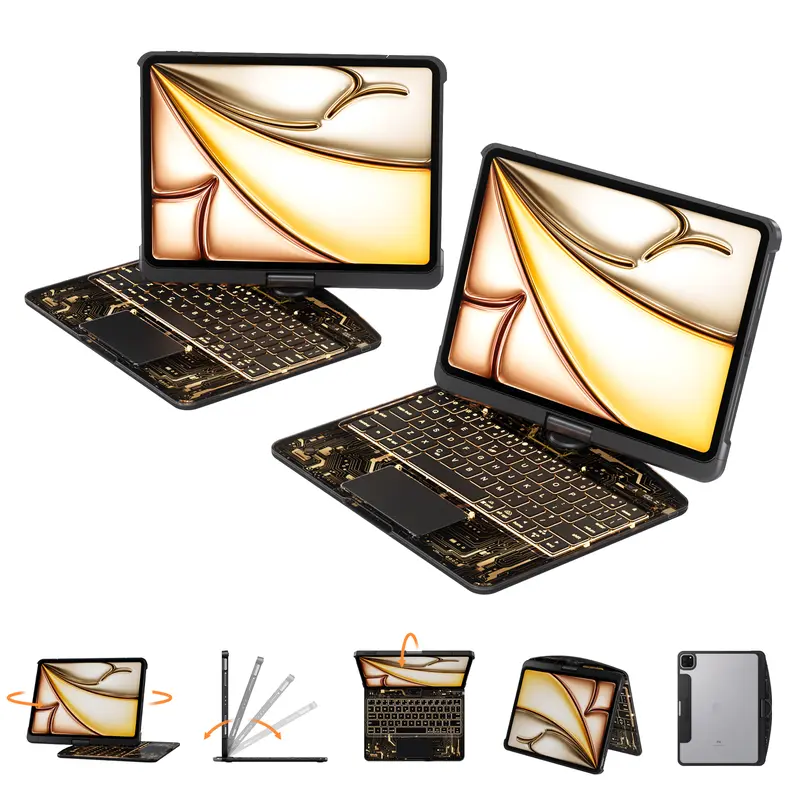 360° Rotating iPad Case with Matte Keyboard, Multi-Touch Trackpad & ABS Casing - 7-Color Backlit, Type-C Charging, Pencil Holder, Sketch-Friendly Covers for 8.3'-13in iPad 7-11th(A16)/Air(2022-2026)/Pro(2018-2025)/Mini, Pro Look Accessories