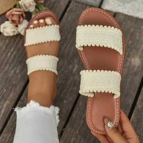 Women's Fashionable Plain Color Crochet Slides, Casual Comfortable Slippers for Summer, Lightweight Breathable Slippers for Beach Vacation, Chic Summer Footwear, Casual Slipper Sandals