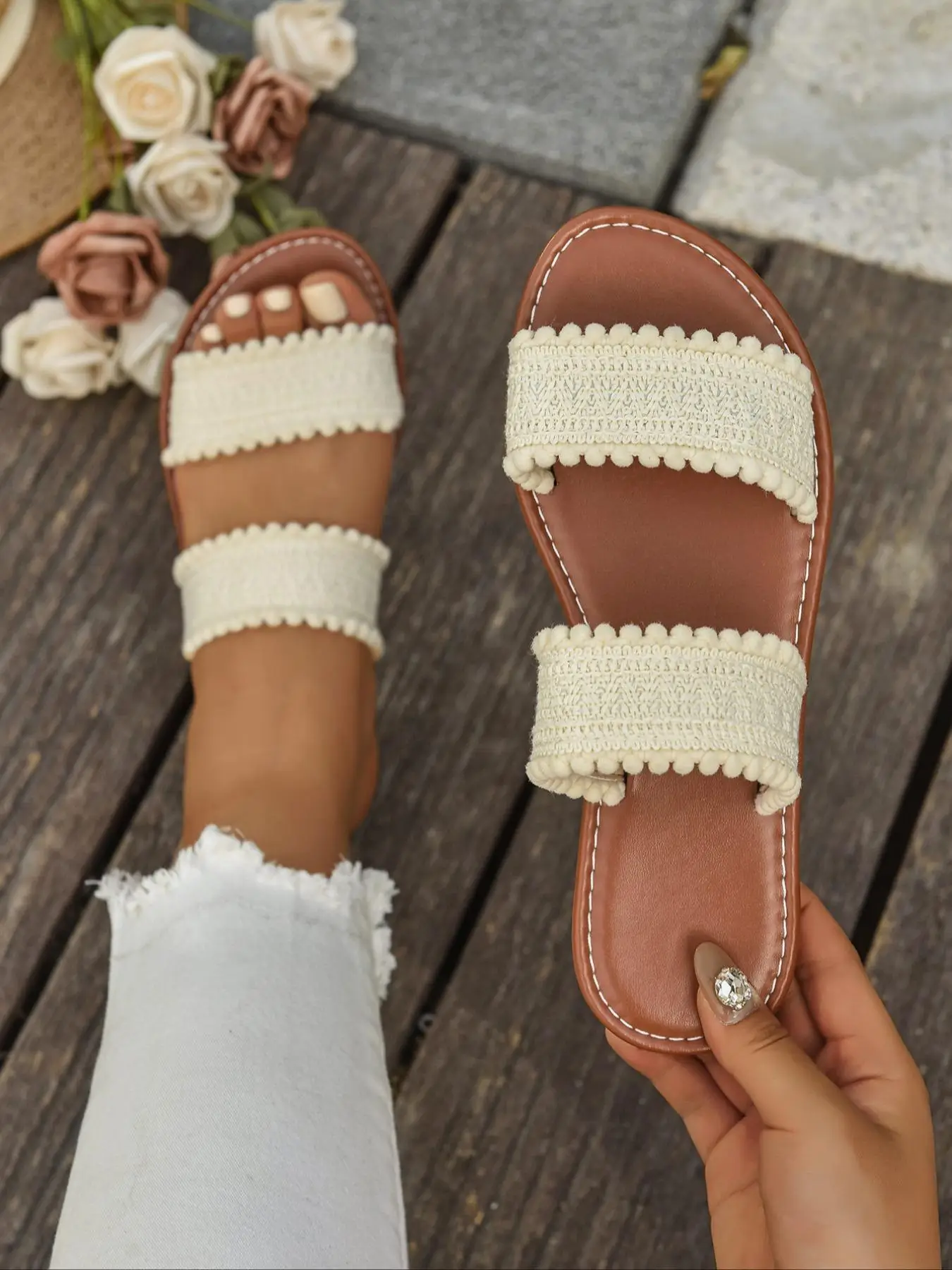 Women's Fashionable Plain Color Crochet Slides, Casual Comfortable Slippers for Summer, Lightweight Breathable Slippers for Beach Vacation, Footwear