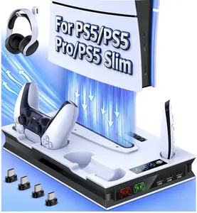 For PS5 Pro/Slim/Ps5 Stand and Cooling Station with Controller Charging Station for Playsation 5 Disc Digital Consoles, PS5 Accessories Incl. 3 Levels Cooling Fan, 3 USB Hub, Headset Holder, Media Slot