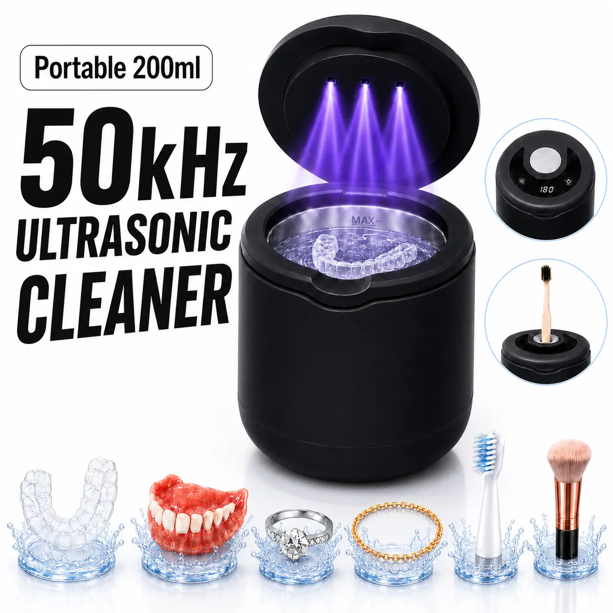 Portable Ultrasonic Cleaner, 50kHz Deep Cleaner, 200ML, 5 Timer Modes, Brush-Through Lid, Built-In LED Lights, for Dentures, Retainers, Aligners, Toothbrushes , Jewelry