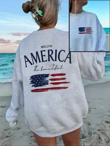 Women's Casual Everyday Homewear, American Flag Print Oversized Pullover Sweatshirt for Autumn & Winter, Long Sleeve Rounded Neck Top