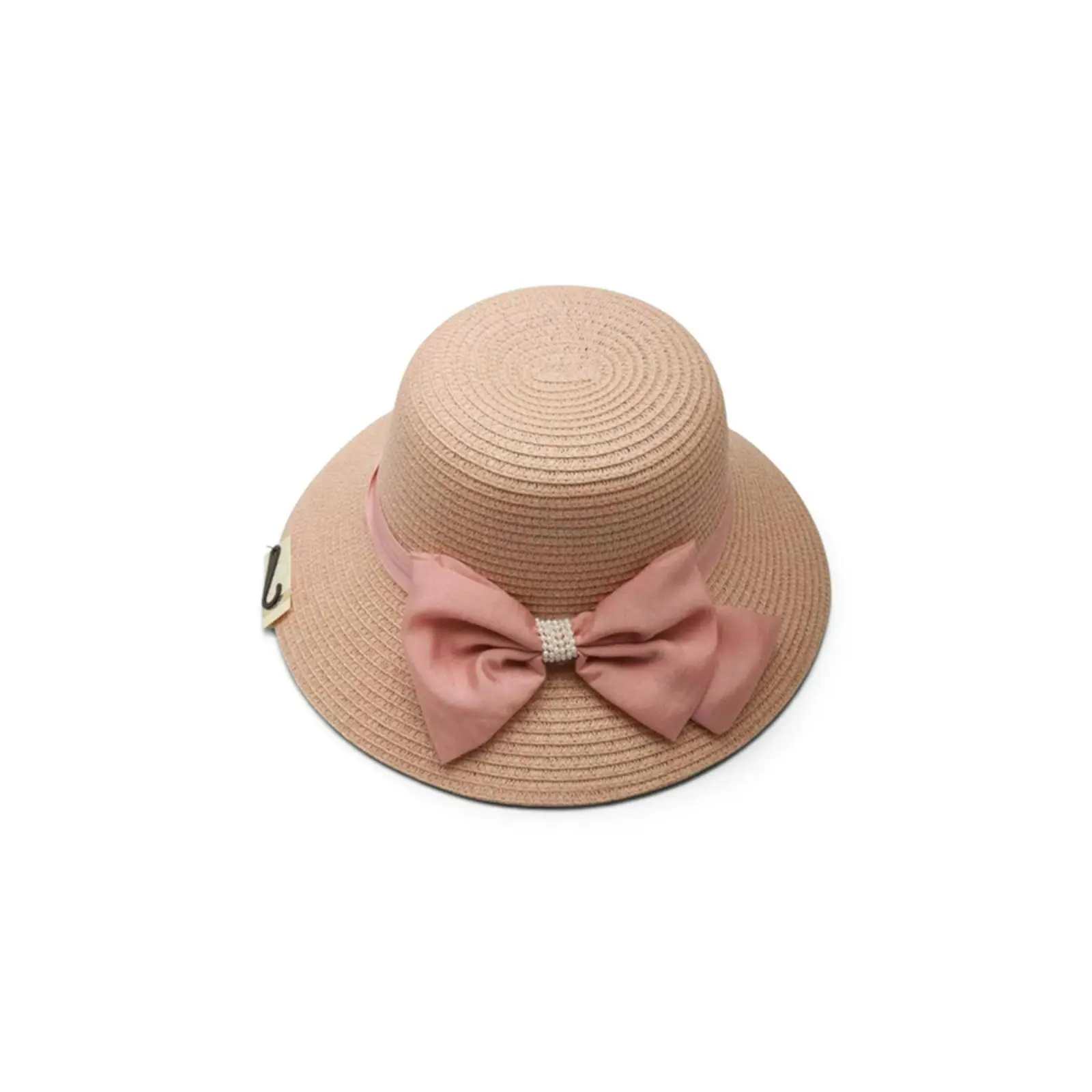 Elegant Straw Hat with Pink Bow and Pearl Accent for Women's Summer Fashion