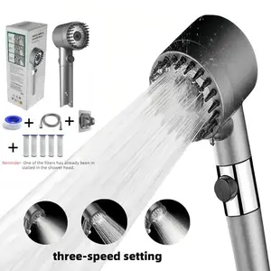 Stainless Steel 9-Piece Pressure Showerhead with 3-Speed Adjustable, One-Click Water Stop Filter, Universal Interface, Hose Holder & Filter Element