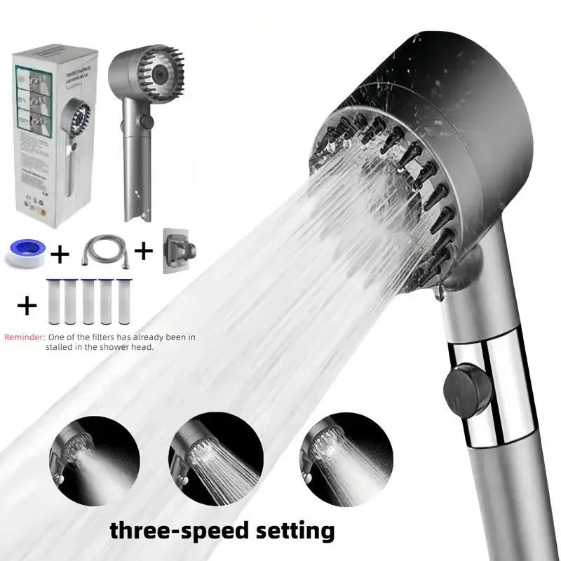 Stainless Steel 9-Piece Pressure Showerhead with 3-Speed Adjustable, One-Click Water Stop Filter, Universal Interface, Hose Holder & Filter Element