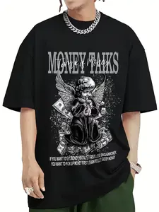 MONEY TALKS Comic Graphic Pattern Men's Street Style Short Sleeve Crew Neck T-shirt, Summer Outdoor 100% cotton